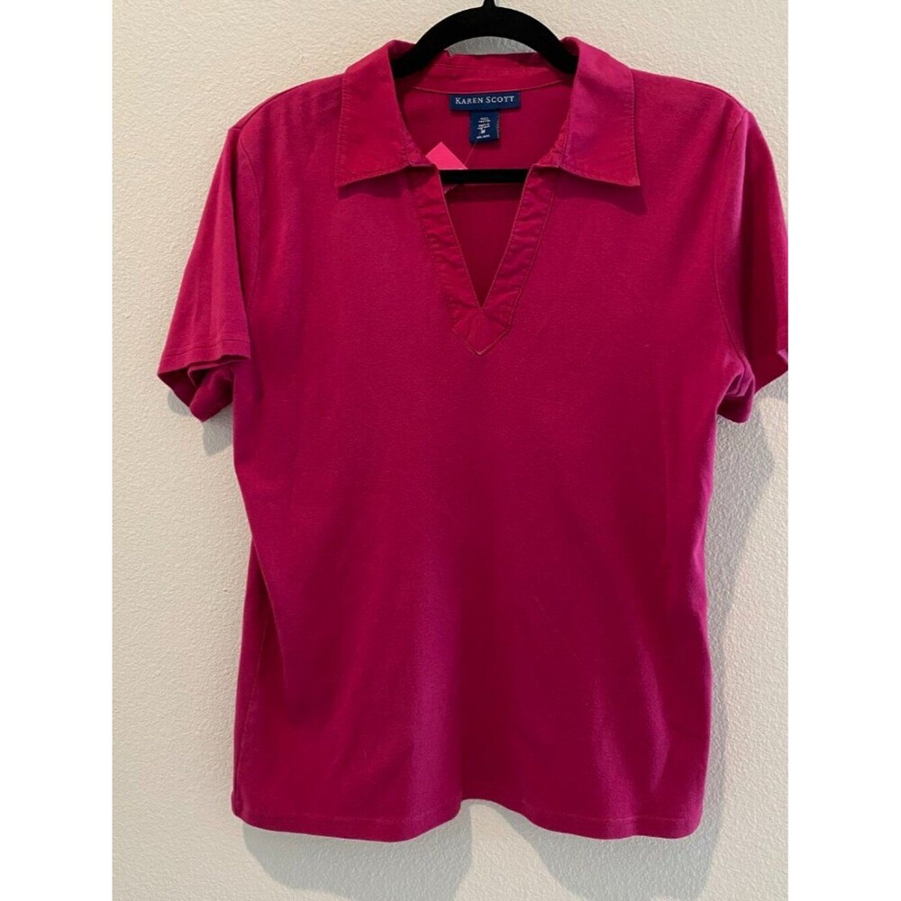 Karen Scott Women Polo Shirt Collared V-Neck Magenta Pink Medium Cotton